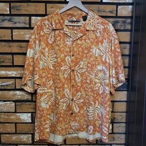 Axis Men's Shirt XL Rust Brown Yellow Silk Hawaiian‎ Floral Paisley Embroidered